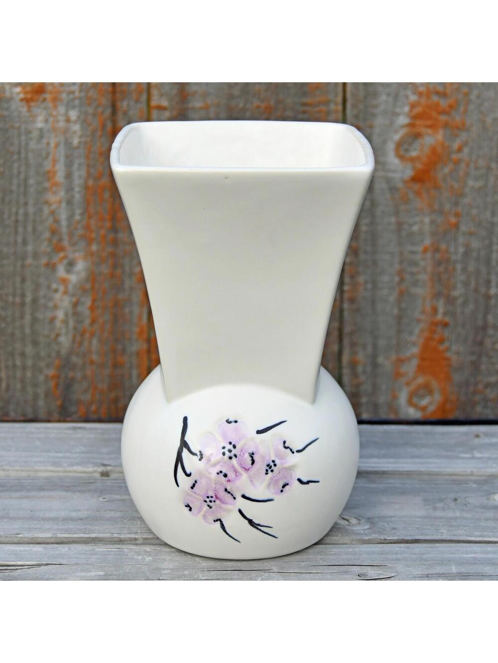 Vintage McCoy Pottery MCM Cream Pink Springwood Vase Square Top Round Base 7.5"